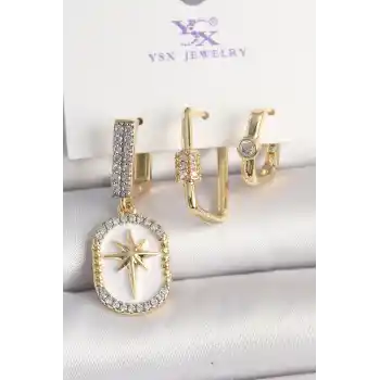 Pirinç Gold Renk Sallantı Zirkon Taş İşlmeli Yıldız Portre Model 3Lü Kadın Kombin Küpe
