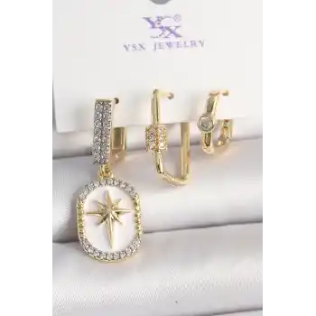 Pirinç Gold Renk Sallantı Zirkon Taş İşlmeli Yıldız Portre Model 3Lü Kadın Kombin Küpe