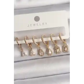 Pirinç Gold Renk Sallantı Zirkon Taşı Damla Model Kadın Küpe Seti