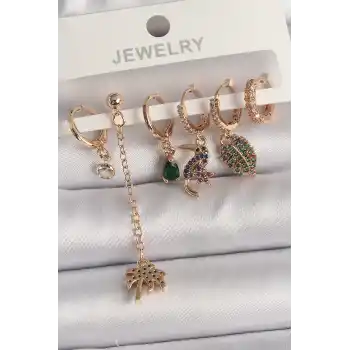 Pirinç Gold Renk Sallantı Zirkon Taşlı Ağaç Figür Kadın Küpe Seti
