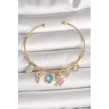 Pirinç Gold Renk Sallantı Zirkon Taşlı AYıcık Figür Kalp Detay Charm Kadın Bileklik