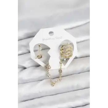 Pirinç Gold Renk Sarmal Model Zincir Bağlantılı Ear Cuff Küpe Seti