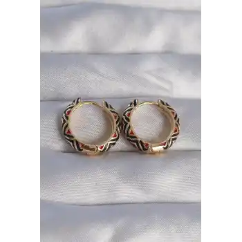 Pirinç Gold Renk Siyah Etnik Desenli Halka Küpe