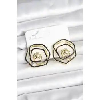 Pirinç Gold Renk Siyah Mineli Geometrik Gül Model Kadın Küpe