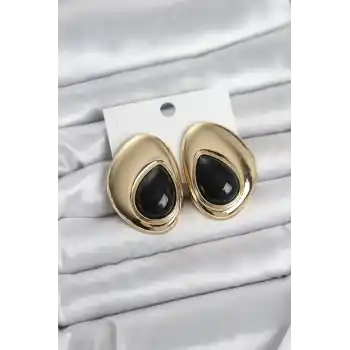 Pirinç Gold Renk Siyah Taşlı Damla Model Vintage Kadın Küpe