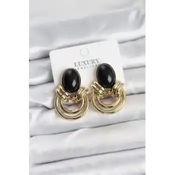 Pirinç Gold Renk Siyah Taşlı Vintage Kadın Küpe