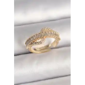 Pirinç Gold Renk Su Yolu Zirkon Taşlı Ayarlanabilir Model Kadın Yüzük
