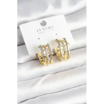 Pirinç Gold Renk Taşlı Halka Kadın Küpe