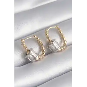 Pirinç Gold Renk Top Model Gümüş Renk Zirkon Taşlı Kadın Küpe