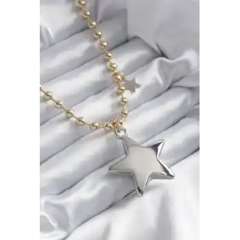 Pirinç Gold Renk Topçuk Zincir Gümüş 3D Yıldız Model Yıldız Detay VİP Kadın Kolye