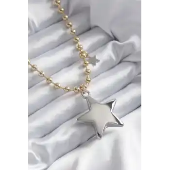 Pirinç Gold Renk Topçuk Zincir Gümüş 3D Yıldız Model Yıldız Detay VİP Kadın Kolye