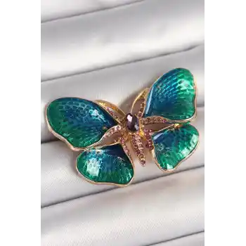 Pirinç Gold Renk Turquaz Model Zirkon Taş Detaylı Kelebek Model Kadın Broş