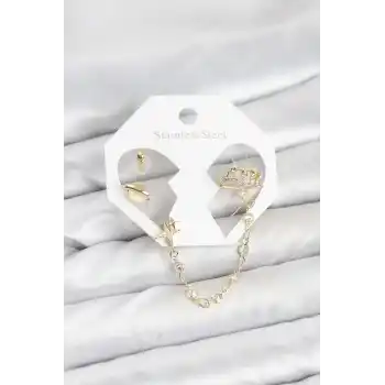 Pirinç Gold Renk Uzay Model Zincir Bağlantılı Ear Cuff Küpe Seti