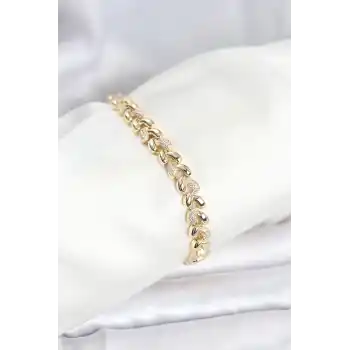 Pirinç Gold Renk VIP Seri Sarmal Damla Model Zirkon Taşlı Kadın Bileklik