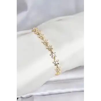 Pirinç Gold Renk VIP Seri Sıralı Taşlı Yıldız Model Zirkon Taşlı Kadın Bileklik