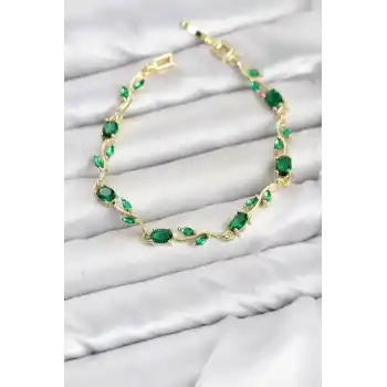Pirinç Gold Renk Yeşil Zirkon Taşlı Çiçek Model Kadın Bileklik