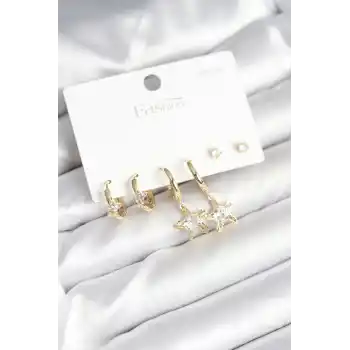 Pirinç Gold Renk Yıldız Model 925 Gümüş Çivili Kadın Küpe Seti