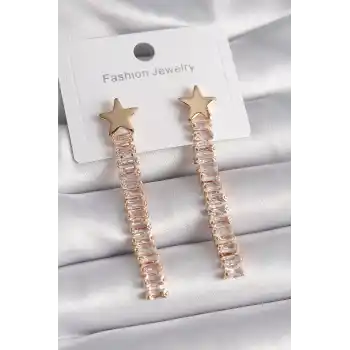 Pirinç Gold Renk Yıldız Model Su Yolu Zirkon Taşlı Kadın Küpe