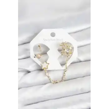 Pirinç Gold Renk Yıldız Model Zincir Bağlantılı Ear Cuff Küpe Seti