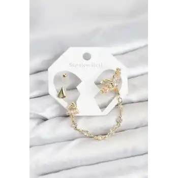 Pirinç Gold Renk Yıldızlı Model Zincir Bağlantılı Ear Cuff Küpe Seti