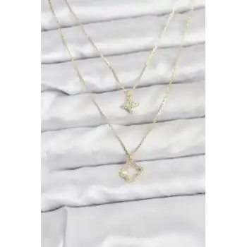 Pirinç Gold Renk Yonca Model 2li Kadın Kolye