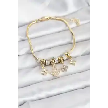 Pirinç Gold Renk Yonca Model Kadın Bileklik