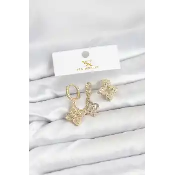 Pirinç Gold Renk Yonca Model YSX Trio Küpe Seti