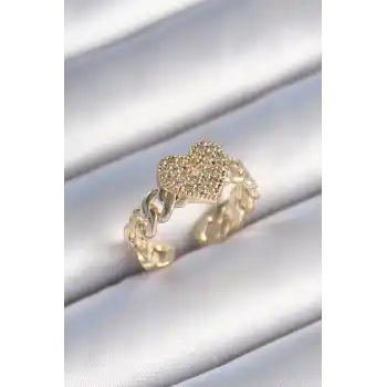 Pirinç Gold Renk Zincir Kordon Zirkon Taşlı Kalp Model Kadın Yüzük