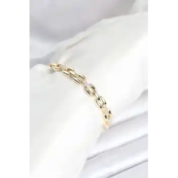 Pirinç Gold Renk Zincir Model Zirkon Taşlı Kadın Bileklik