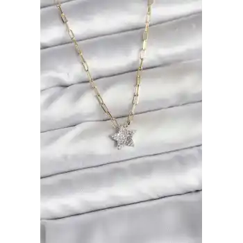 Pirinç Gold Renk Zincirli Zirkon Taşlı Minimal Yıldız Model Kadın Kolye