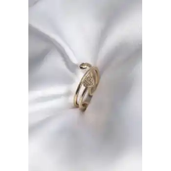 Pirinç Gold Renk Zirkon Taş Detay Kalp Model Kadın Yüzük