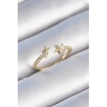 Pirinç Gold Renk Zirkon Taş Detay Yıldız Model Kadın Yüzük