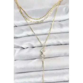Pirinç Gold Renk Zirkon Taş Detaylı 3lü Kombin Y Kadın Kolye