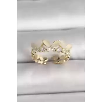 Pirinç Gold Renk Zirkon Taş Detaylı Beyaz Mineli Kelebek Model Ayarlanabilir Yüzük