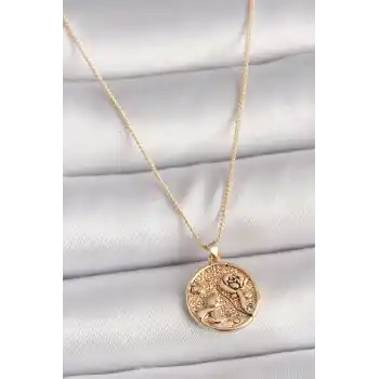 Pirinç Gold Renk Zirkon Taş Detaylı Gül İşleme Madalyon Model Kadın Kolye