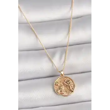 Pirinç Gold Renk Zirkon Taş Detaylı Gül İşleme Madalyon Model Kadın Kolye