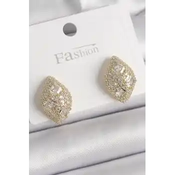 Pirinç Gold Renk Zirkon Taş İşlemeli Damla Model Kadın Küpe