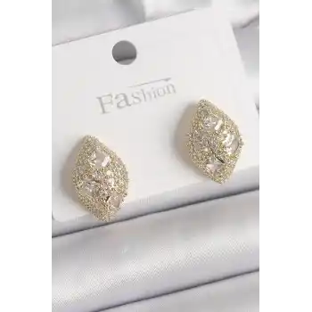 Pirinç Gold Renk Zirkon Taş İşlemeli Damla Model Kadın Küpe