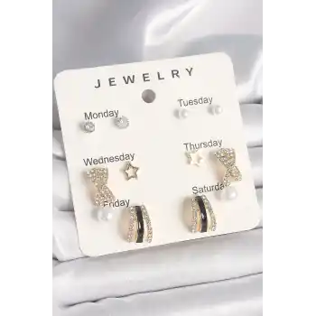 Pirinç Gold Renk Zirkon Taş Yıldız Detaylı İncili 7Li Set Kadın Küpe Seti