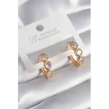 Pirinç Gold Renk Zirkon Taşı Kalp Detay Kadın Küpe