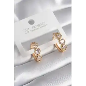 Pirinç Gold Renk Zirkon Taşı Kalp Detay Kadın Küpe