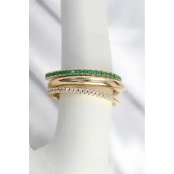 Pirinç Gold Renk Zirkon Taşlı 4Lü Kadın Yüzük