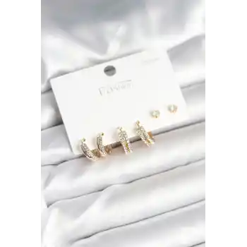 Pirinç Gold Renk Zirkon Taşlı 925 Gümüş Çivili Kadın Küpe Seti