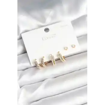 Pirinç Gold Renk Zirkon Taşlı 925 Gümüş Çivili Kadın Küpe Seti