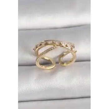 Pirinç Gold Renk Zirkon Taşlı Ayarlanabilir Kadın Yüzük