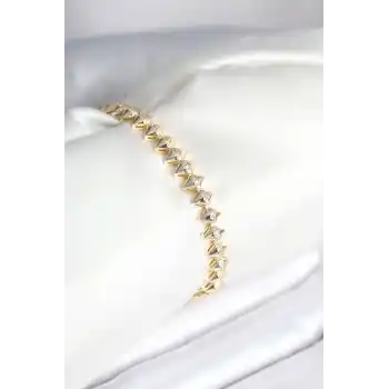 Pirinç Gold Renk Zirkon Taşlı Baklava Model Kadın Bileklik