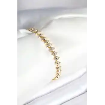 Pirinç Gold Renk Zirkon Taşlı Baklava Model Kadın Bileklik