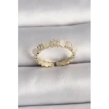 Pirinç Gold Renk Zirkon Taşlı Beyaz Mineli Ayarlanabilir Yüzük