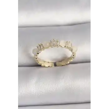 Pirinç Gold Renk Zirkon Taşlı Beyaz Mineli Ayarlanabilir Yüzük