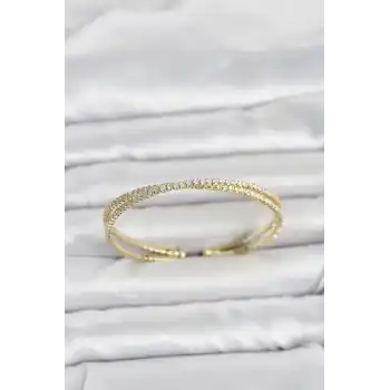 Pirinç Gold Renk Zirkon Taşlı Çapraz Model Kadın Bileklik